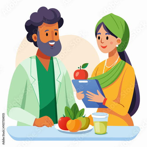 Indian female dietitian consulting with a patient, discussing nutrition plan and health goals.