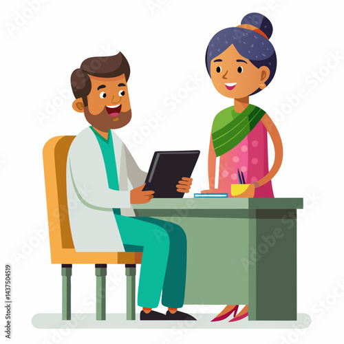  Indian gynecologist consulting with patient in clinic.