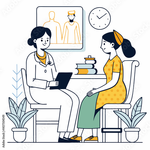 Minimalist line art of Indian gynecologist consulting with patient in clinic.