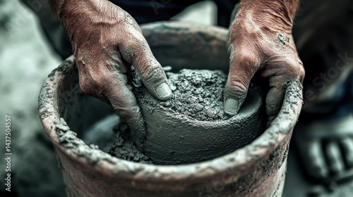 Hands kneading clay in a pottery vessel