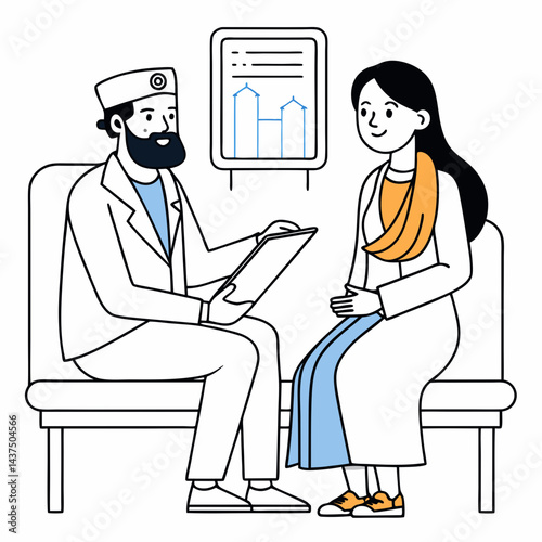 Minimalist line art of Indian gynecologist consulting with patient in clinic.