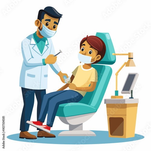  Indian dentist examining patient’s teeth in dental chair, professional Indian dentist in clinic.
