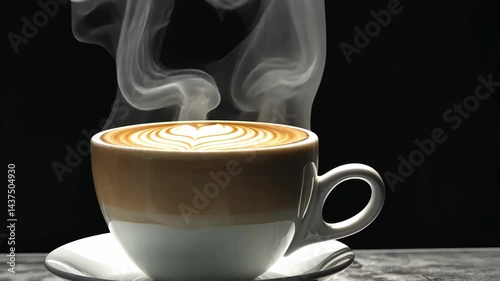 Steaming hot coffee with latte art in motion against a dark background