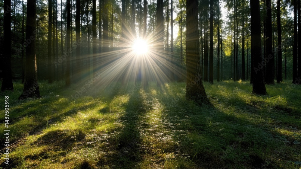 Naklejka premium Sunlight streams through a dense forest