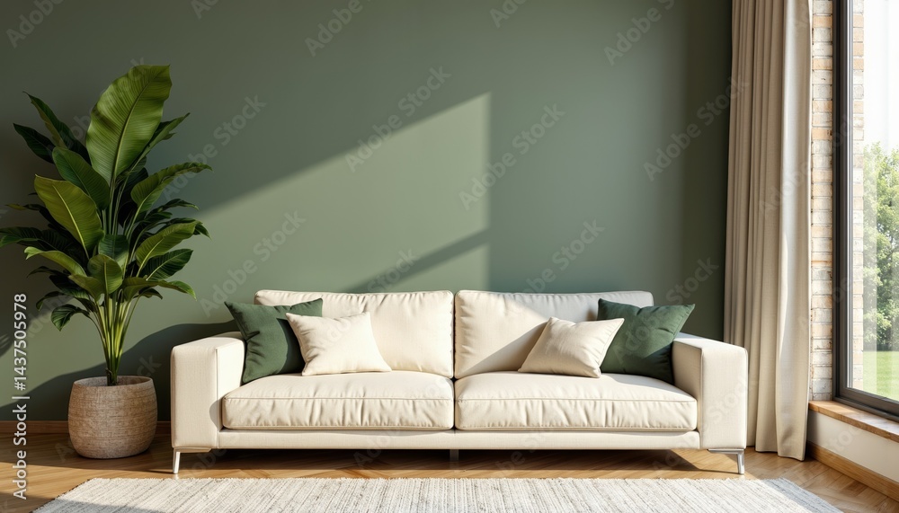 Modern sofa with cushions in a bright living room setting Modern sofa with cushions in a bright living room setting