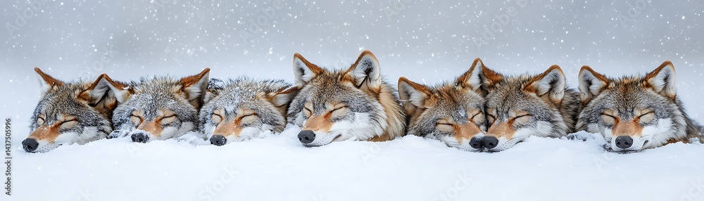 Fototapeta premium Snoozing wolves snuggle, rest, sleep, snug in winter snow; wildlife nature photography for cozy holiday scenes