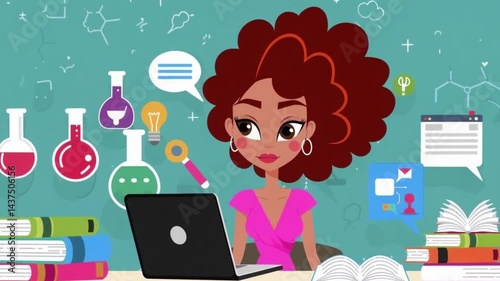 Curly Haired Cartoon Woman Studying Online with Science Laboratory Icons and Chemistry Equipment in Background.