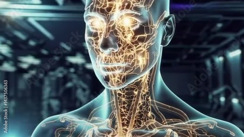 Futuristic Transparent Human with Glowing Neural Network and Sci-Fi Technology Background.
