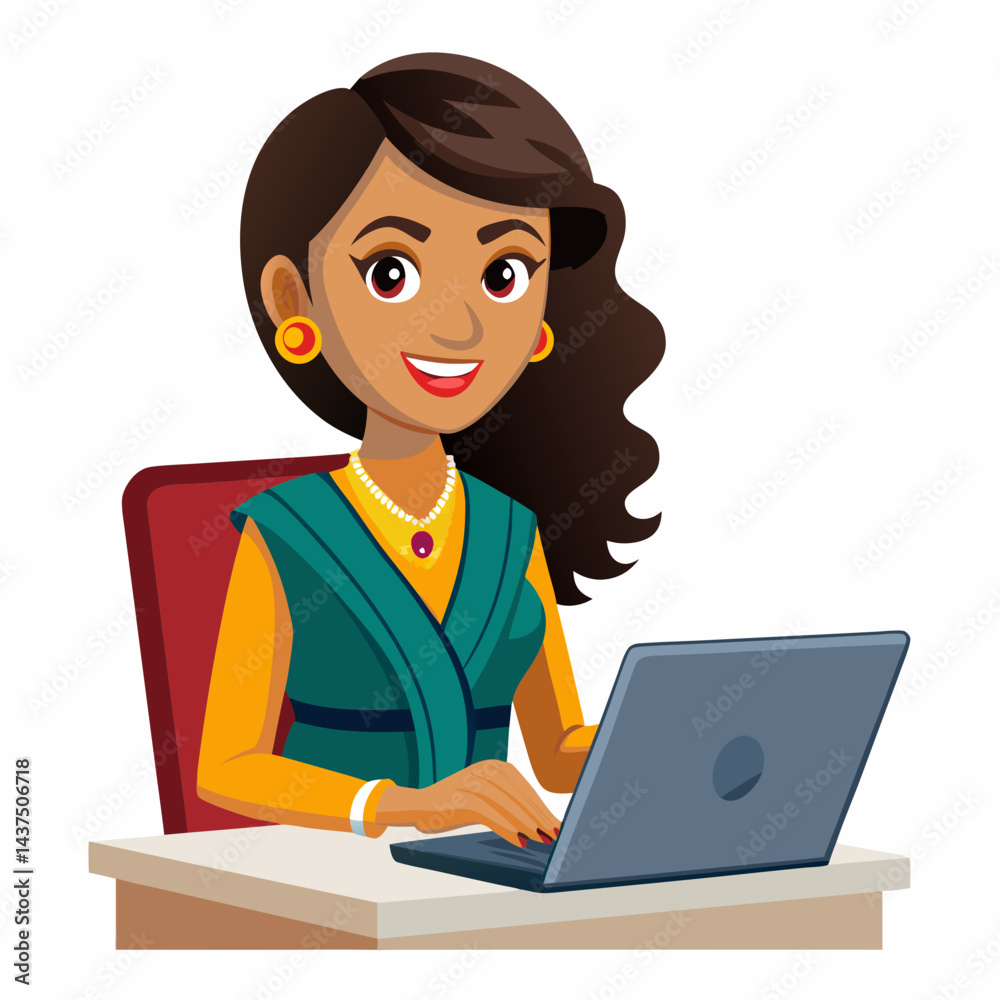 Traditional Indian businesswoman working on laptop in modern office space, corporate professional using technology in busines Traditional Indian businesswoman working on laptop in modern office space, corporate professional using technology in busines