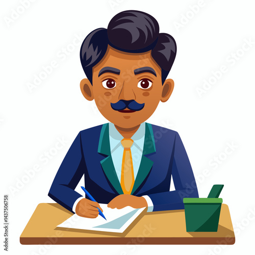 An Indian CEO sitting at a large desk, reviewing documents with a serious expression.

