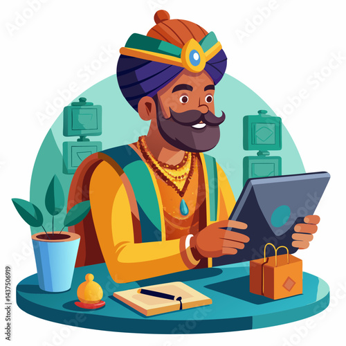  Indian startup founder in traditional attire working on tablet in coworking space