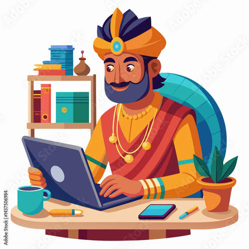  Indian startup founder in traditional attire working on tablet in coworking space