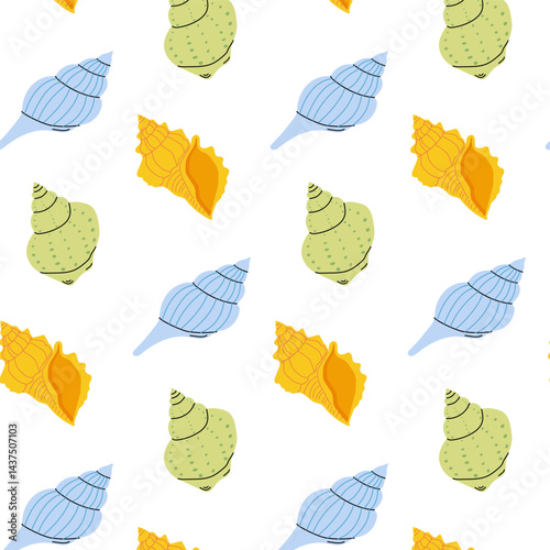 Colorful pattern of seashells in various shapes and colors on a white background