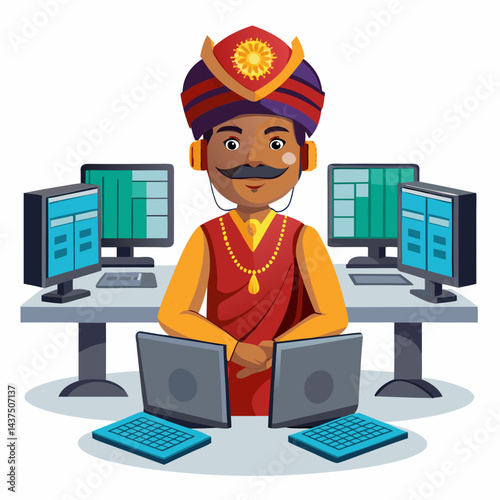 Indian IT professional troubleshooting issues on multiple monitors in modern office workspace. Indian software engineer solving technical problems using computers in corporate tech environment.

