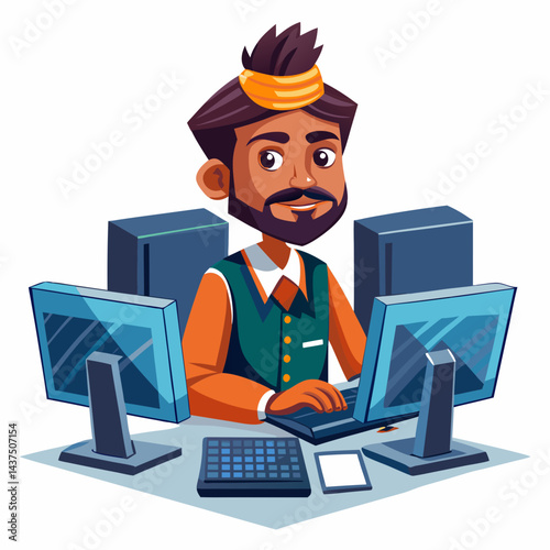Indian IT professional troubleshooting issues on multiple monitors in modern office workspace. Indian software engineer solving technical problems using computers in corporate tech environment.

