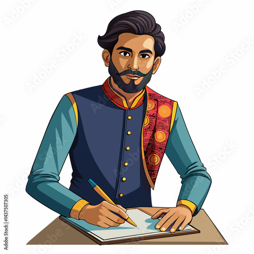 Young Indian designer working on fashion sketches, creating trendy clothing ideas in workspace.