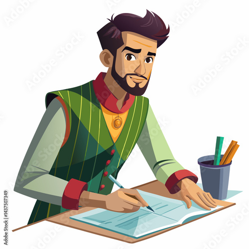 Young Indian designer working on fashion sketches, creating trendy clothing ideas in workspace.