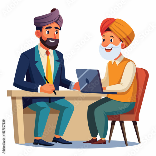 Indian banker consulting with client in formal office setting. Corporate finance discussion, professional business interaction, client meeting at the bank.