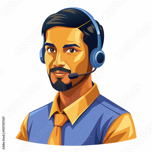 Indian customer service representative assisting a client over headphone. Friendly Indian support agent helping customer with query, providing solutions via headphones.