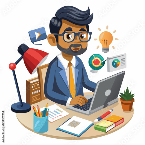  Indian media planner, working on advertising strategies in an office.

