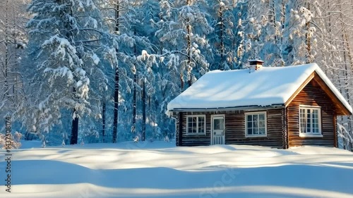 Cozy winter cabin in idyllic snowcovered forest landscape under clear blue sky