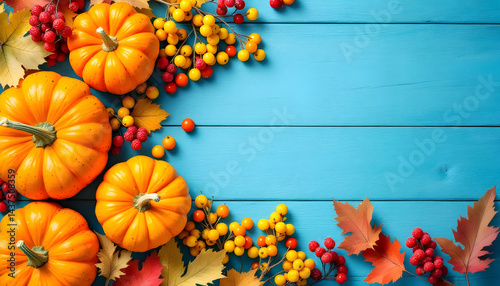 Vibrant Blue Thanksgiving Background with Mini Pumpkins, Berries, and Autumn Leaves - Copy Space