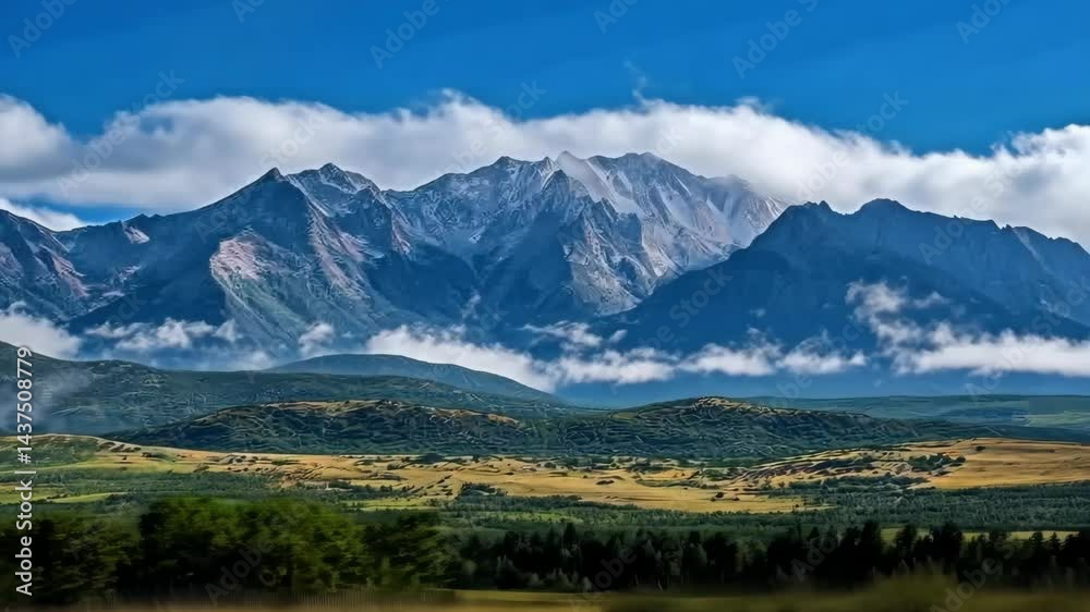Majestic mountain range with dynamic cloud movement over verdant landscape Majestic mountain range with dynamic cloud movement over verdant landscape