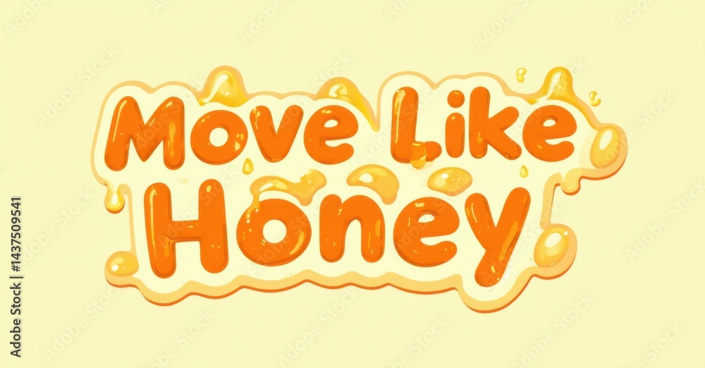 Fototapeta premium Bright text reads Move Like Honey surrounded by dripping honey shapes. Yellow hues dominate design, creating sweet visual impact.