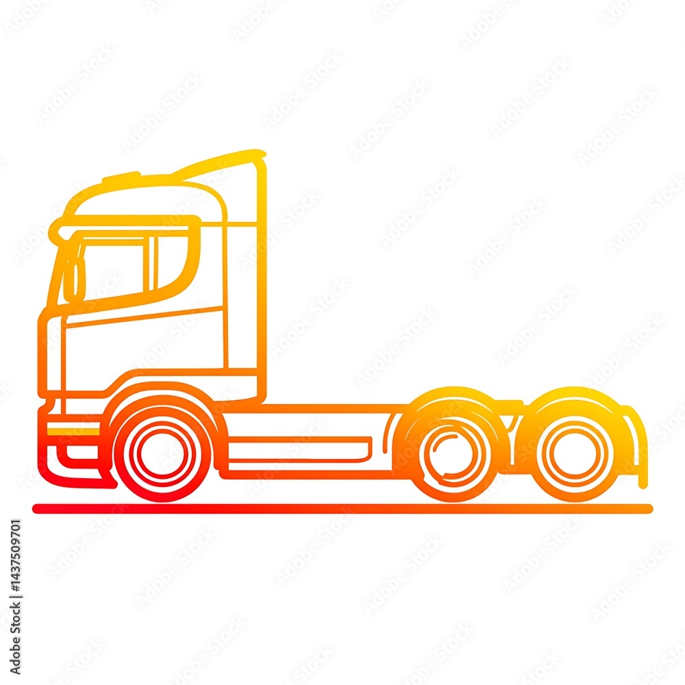 Naklejka premium A side view of a semi-trailer truck with six wheels, outlined in a gradient of red and yellow