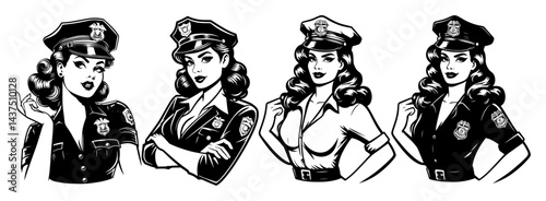 retro pinup policewoman vintage black and white vector illustration