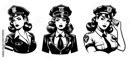 retro pinup policewoman vintage black and white vector illustration