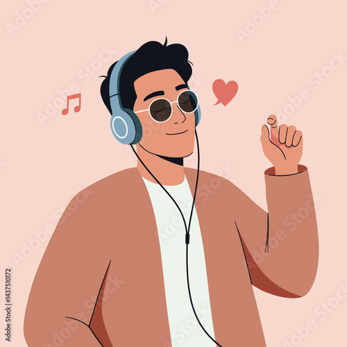 Young man enjoying music with headphones against a soft background  
