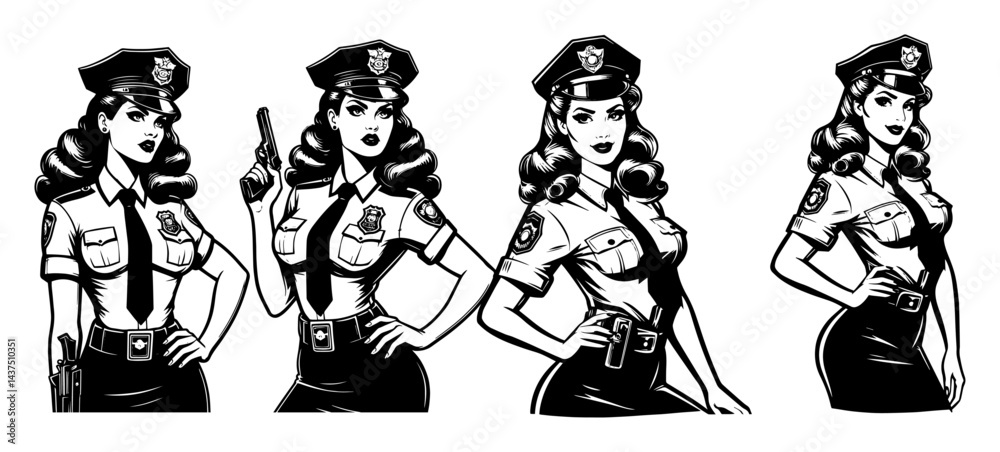 retro pinup policewomen vintage black and white vector illustrations