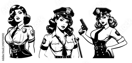 retro pinup policewoman vintage black and white vector illustration