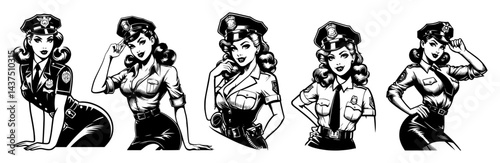 retro pinup policewoman vintage black and white vector illustration