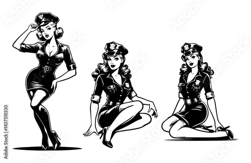 vintage pinup police officer woman black and white vector illustration