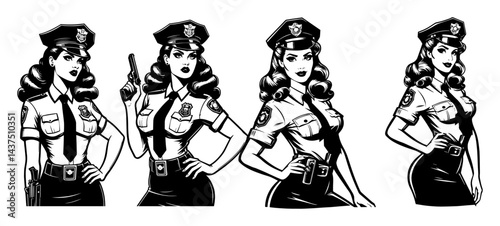 retro pinup policewomen vintage black and white vector illustrations