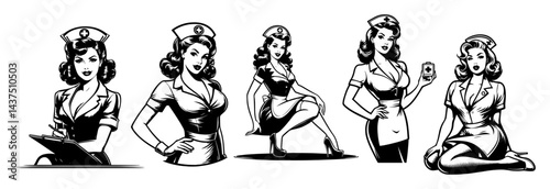retro pinup nurses women vintage black and white vector illustrations