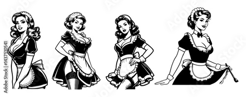 retro pinup maid woman vintage black and white vector illustration