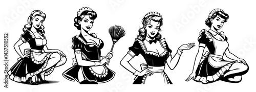 retro pinup maid woman vintage black and white vector illustration