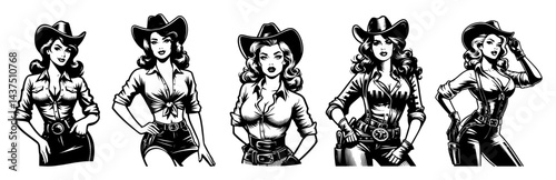 retro cowgirl women stylish wild west vintage black and white vector illustrations