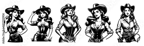 retro cowgirl women wild west fashion vintage black and white vector illustrations