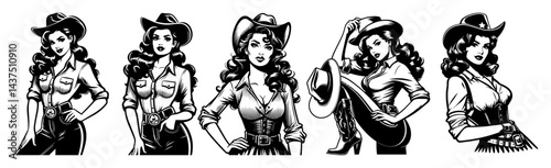 retro cowgirl women wild west vintage black and white vector illustrations