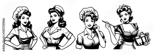 retro pinup women baking and cooking vintage black and white vector illustrations