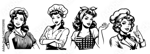 retro pinup women chefs and housewives vintage black and white vector illustrations