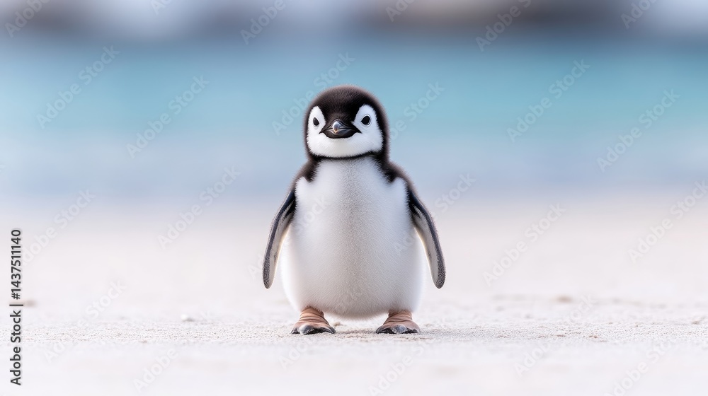 Fototapeta premium Baby Penguin on Beach, Soft Focus, Stunning Wildlife Photography, High Resolution, Front view, Downy Feathers, Standing Pose, Ocean Background, Pure White Mood, Perfect for Nature Calendars