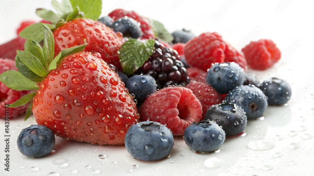 Side view of fresh berries scattered on a rustic wooden table, natural light. Side view of fresh berries scattered on a rustic wooden table, natural light.