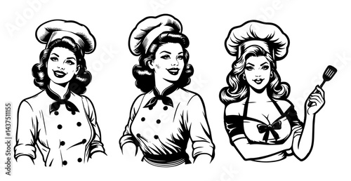 retro female chefs vintage cooking black and white vector illustrations