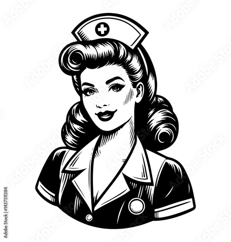 vintage nurse woman retro black and white vector illustration