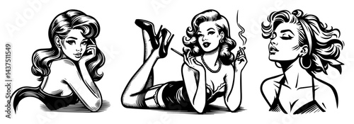 retro pinup girls black and white vintage vector illustrations